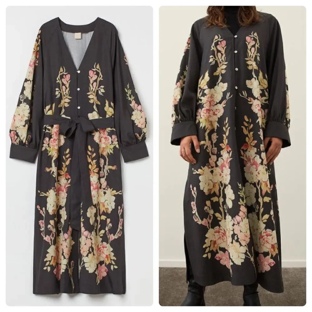 H&M Limited Floral Print Dress Linen Blend New - Picture 2 of 12